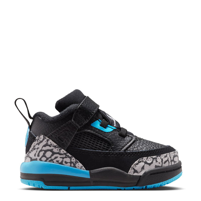 Black toddler low-top sneaker with hook-and-loop strap, lace, mesh and blue accents