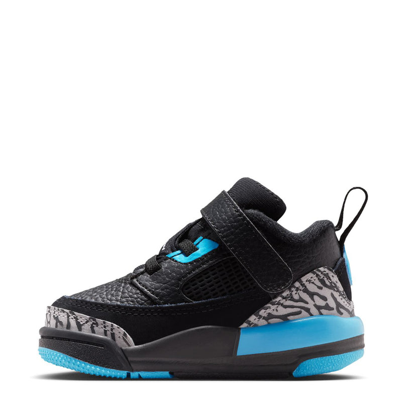 Black toddler low-top sneaker side view with blue trim, mesh panel and lace