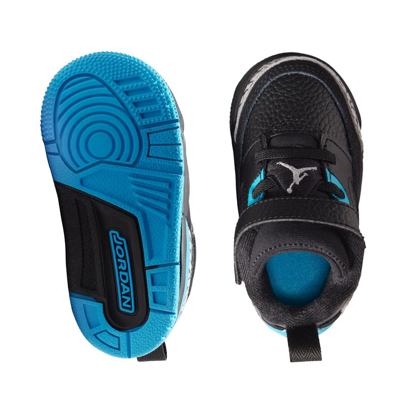 Blue and black toddler sneaker outsoles, blue rubber with Jordan logo