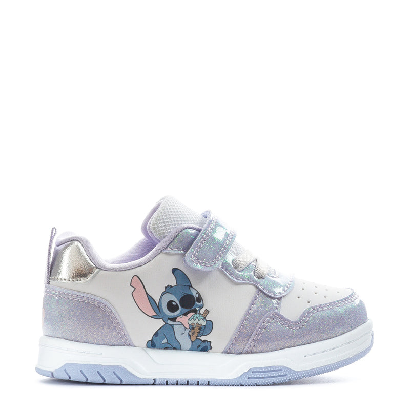 White and purple toddler sneakers with Stitch character on side and velcro strap