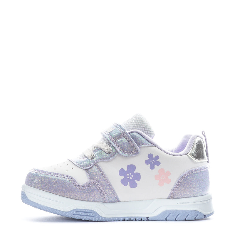White and purple toddler sneakers with flower patches and hook-and-loop strap