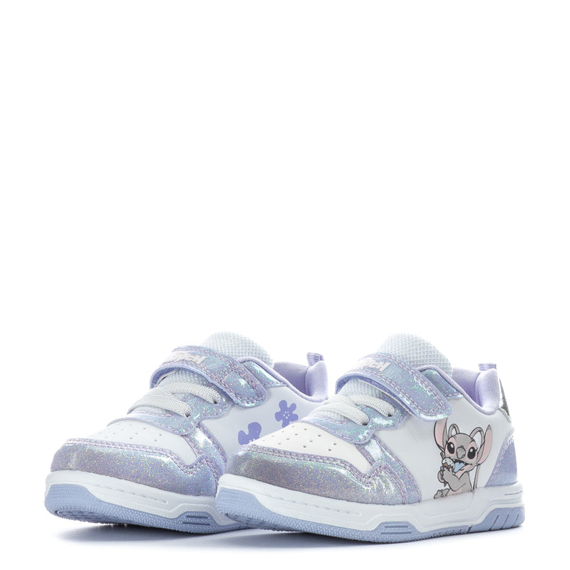 White and purple toddler sneakers with Stitch graphic and flower decals; hook-and-loop straps