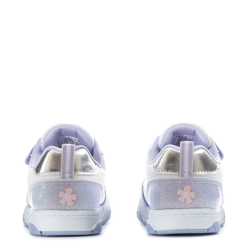 White and purple toddler sneakers back view with flower detail and padded heel