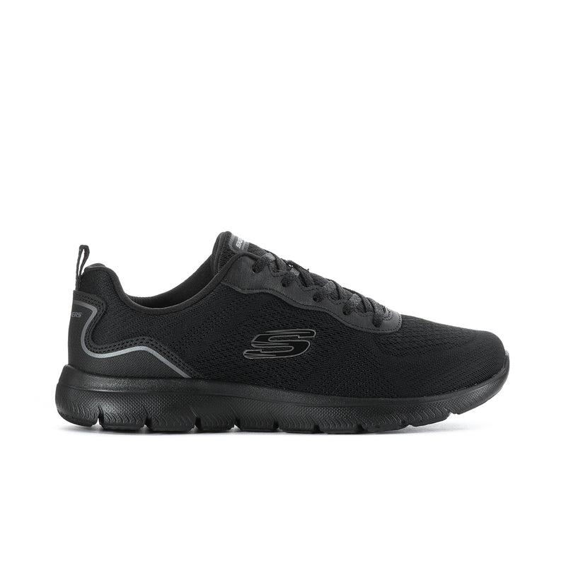 Black wide-fit Skechers lace-up sneaker with cushioned sole and mesh upper