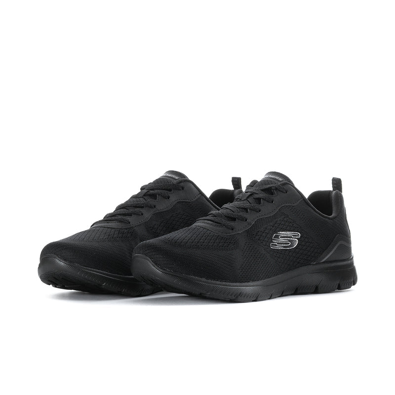 Black wide-fit Skechers lace-up sneakers, side-by-side angle, textured upper