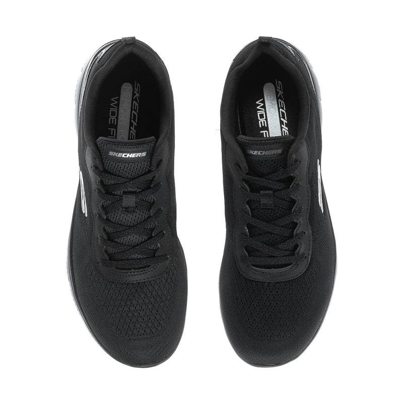 Black wide-fit Skechers lace-up sneakers, front view with padded tongue