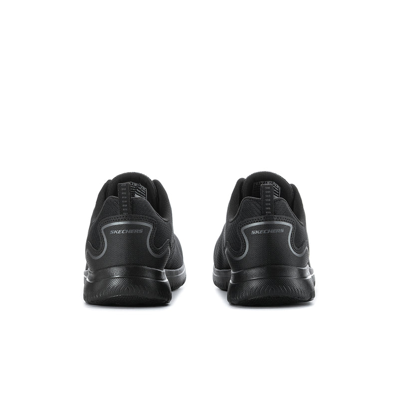 Black wide-fit Skechers lace-up sneakers, heel view with logo tab