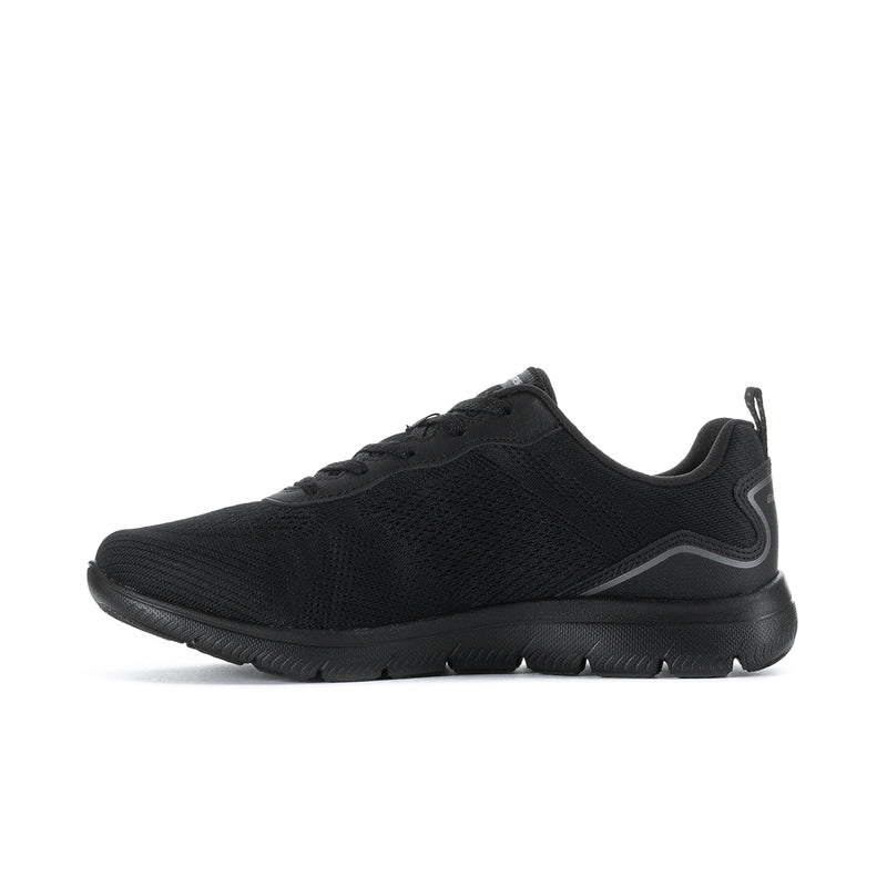 Black wide-fit Skechers lace-up sneaker, lateral side profile and lace eyelets