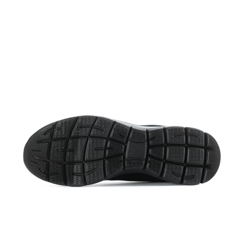 Black wide-fit Skechers sneaker outsole with grippy tread pattern