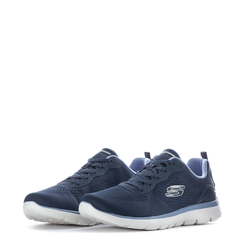 Navy lace-up sneakers, two angles, with S logo and white sole