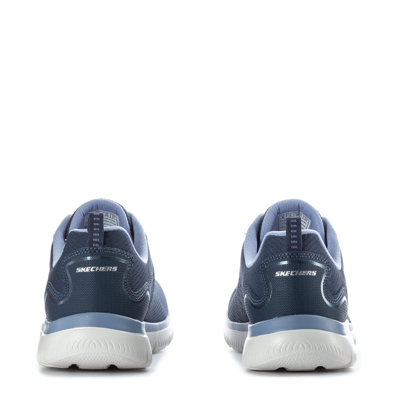 Navy lace-up sneakers with SKECHERS heel tab and white cushioned sole