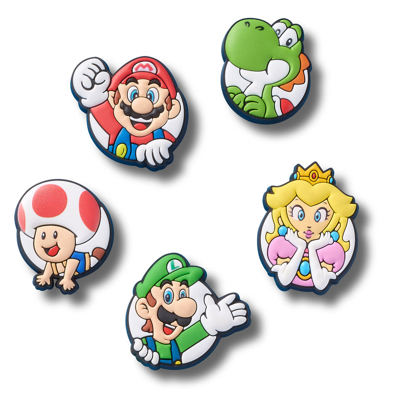Five Super Mario Jibbitz character charms, round bases with cartoon faces