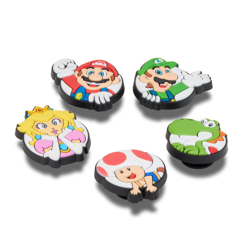 Five Super Mario Jibbitz character charms with raised cartoon figures on round bases