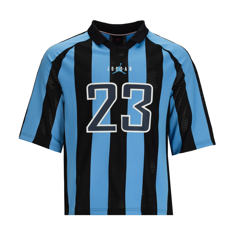 Men's short-sleeve jersey top with blue-and-black vertical stripes and number 23