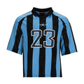 Men's short-sleeve jersey top with blue-and-black vertical stripes and number 23