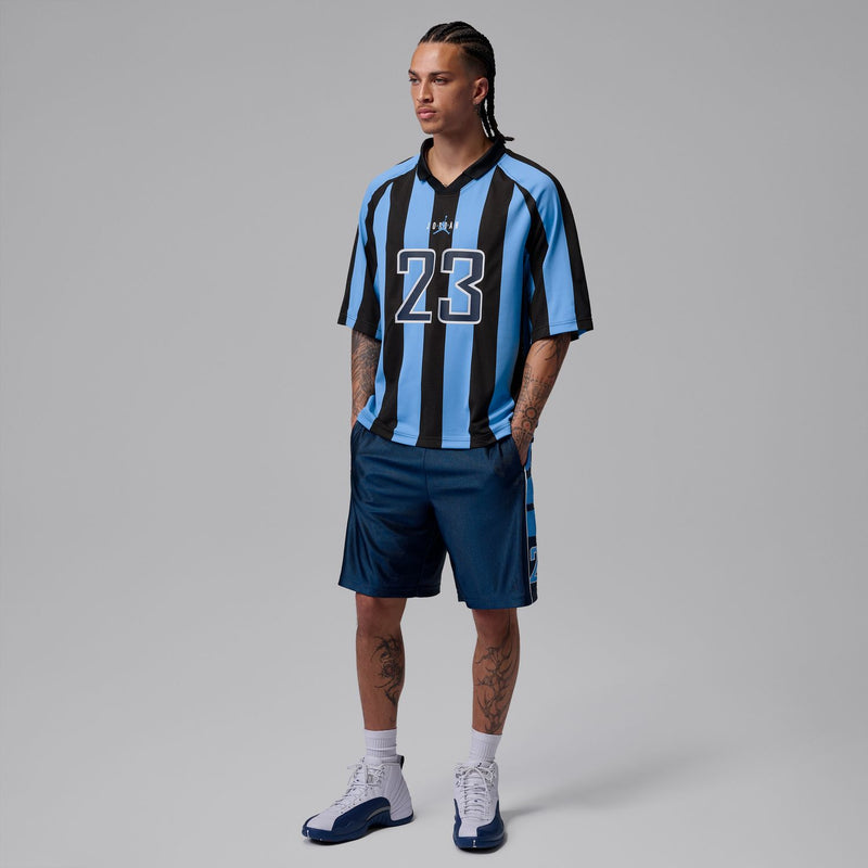 Men's short-sleeve jersey top in profile, blue-and-black stripes with 23 front print