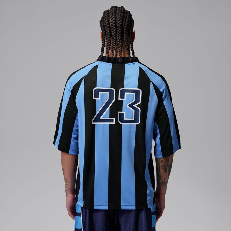 Men's jersey back view with 23 print and blue-and-black vertical stripes