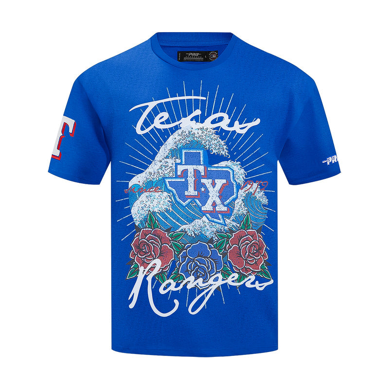 Men's royal blue T-shirt with TX emblem and roses graphic at chest
