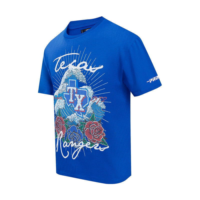 Men's royal blue T-shirt with large front TX logo, script, and rose embroidery