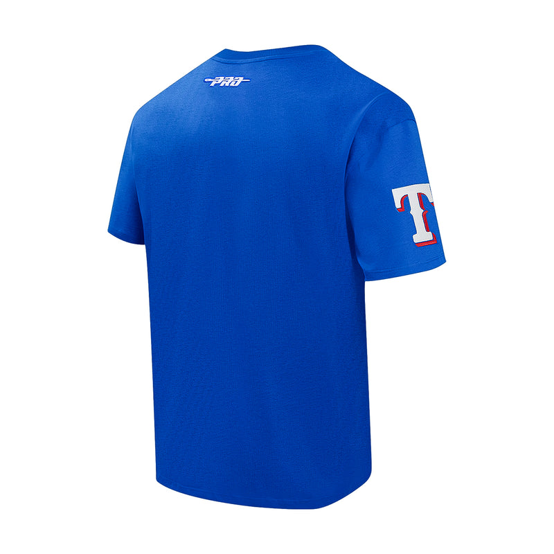 Men's royal blue T-shirt back view with PROA logo and side sleeve patch