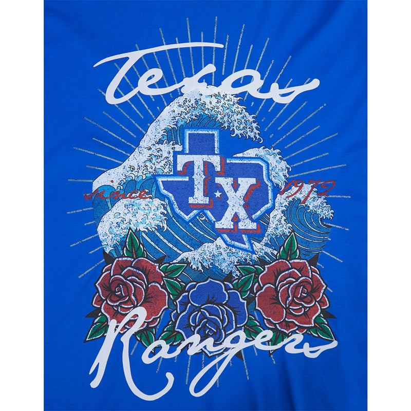 Men's royal blue T-shirt close-up: TX emblem with roses under starburst rays