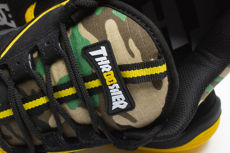 Thrasher x DC Kalynx Style # ADYS100805-BCM Color : Black / Camo / Yellow