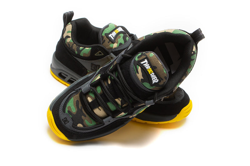 Thrasher x DC Truth Style # ADYS100761-BCM Color : Black / Camo / Yellow