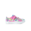 Kids low-top sneakers in pink multi with cartoon graphics, lace-up, white rubber sole.
