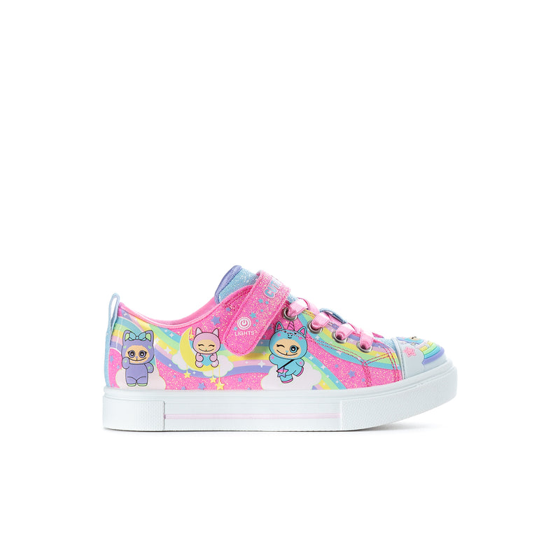 Kids low-top sneakers in pink multi with cartoon graphics, lace-up, white rubber sole.