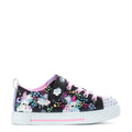 Kids sneaker with black canvas, pink laces, unicorn and heart print, white platform sole