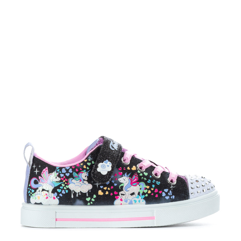 Kids sneaker with black canvas, pink laces, unicorn and heart print, white platform sole