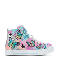 Kids high-top sneakers with butterfly print, glitter accents, and lace-up design