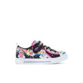 Kids lace-up sneakers, black glitter upper with rainbow stripes and cute character graphics
