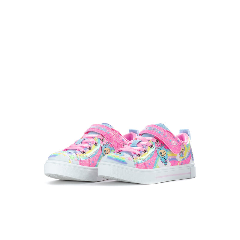 Kids low-top sneakers, pink multi with rainbow panels and cartoon cats, lace-up.