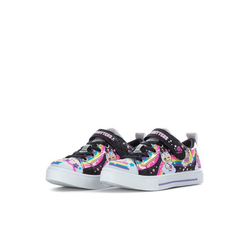 Kids sneakers with multicolor character print and black glitter vamp, white rubber sole