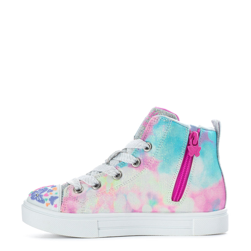 Kids high-top sneakers with butterfly print, turquoise-pink tie-dye, and zip side tab