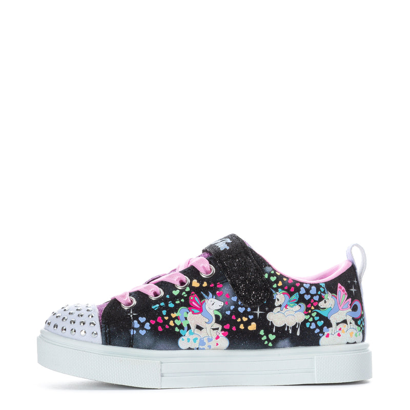Kids black low-top sneaker with pink laces, rainbow unicorn and star prints, white sole