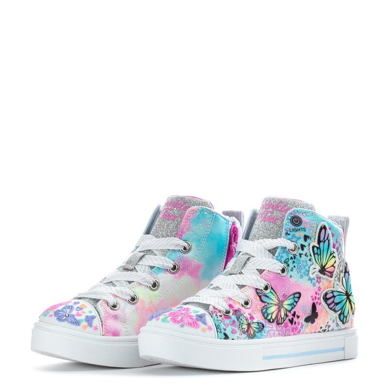 Pair of kids high-top sneakers with colorful butterfly graphics and white rubber sole