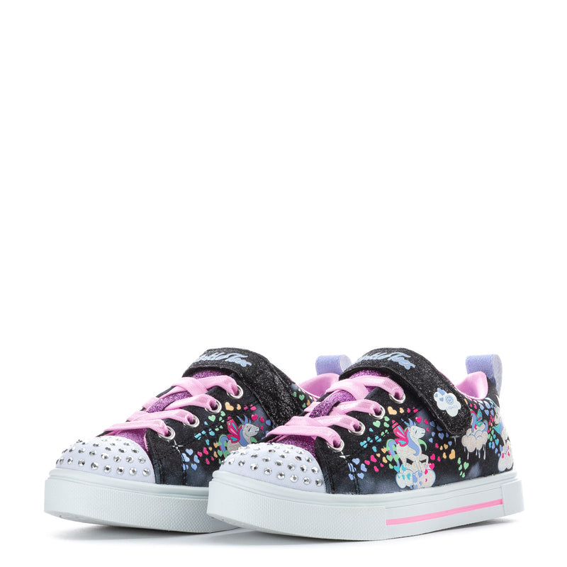 Kids low-top sneakers, black with pink laces, studded toe caps, colorful unicorn pattern
