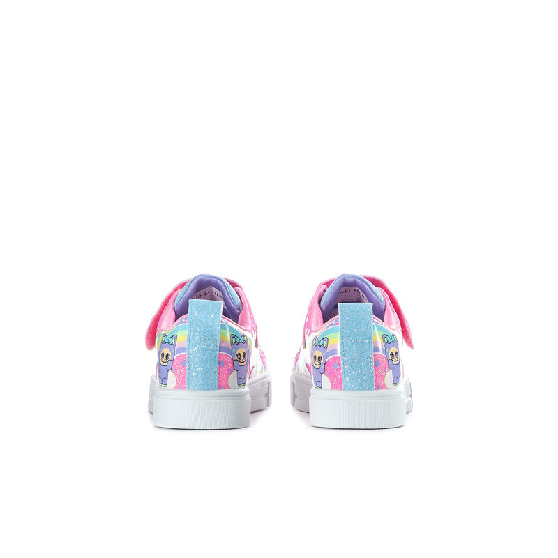 Kids low-top sneakers, multicolor with pink heel tab and cartoon side panels.