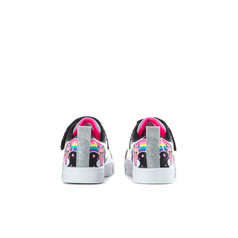 Kids sneakers back view with colorful character print and black heel panels, white sole