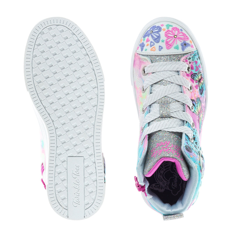 Kids high-top sneakers, shown outsole and inside collar with pink lining
