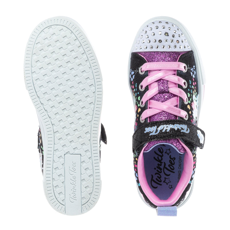 Kids sneaker outsole and inside view; black upper with pink laces and unicorn print