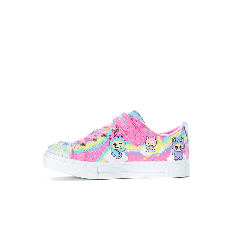 Kids low-top sneakers in pink multi with cartoon character print, lace-up, white sole.