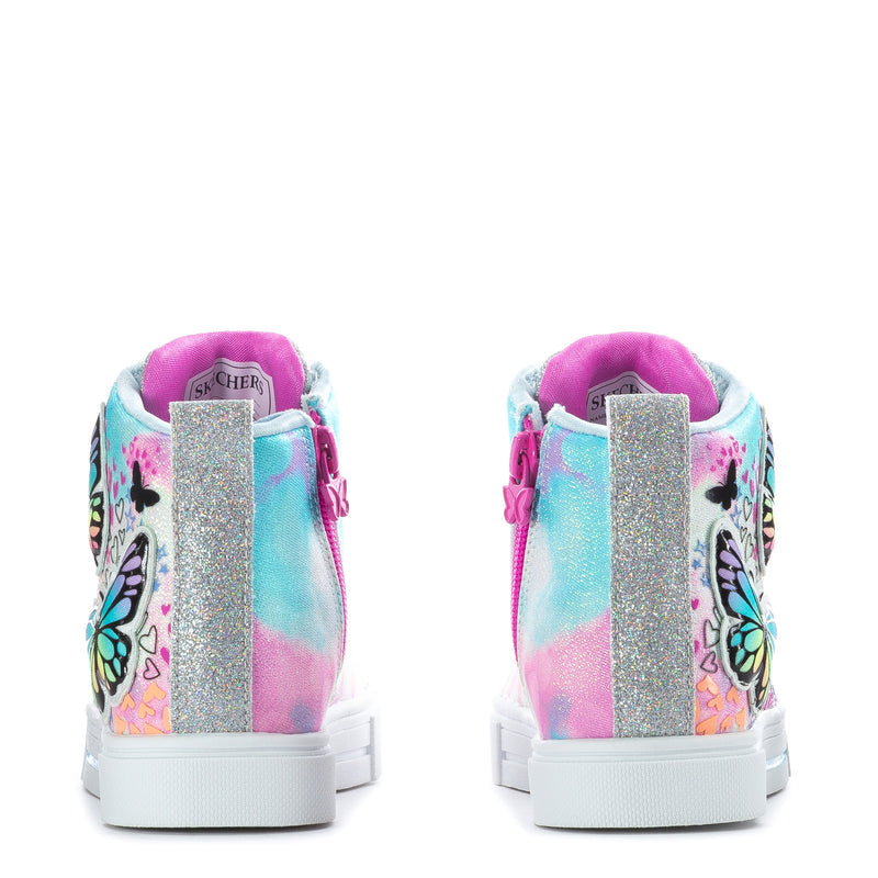 Kids high-top sneakers heel view with vertical glitter panel and butterfly accents