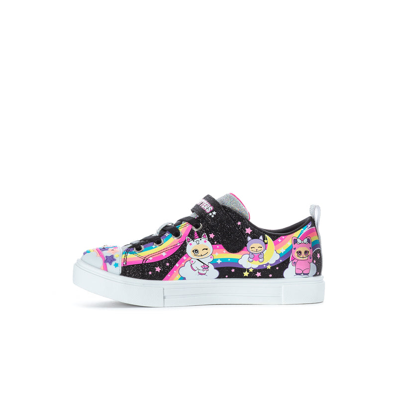 Kids low-top sneakers with black glitter upper, rainbow trim, and character faces on sides