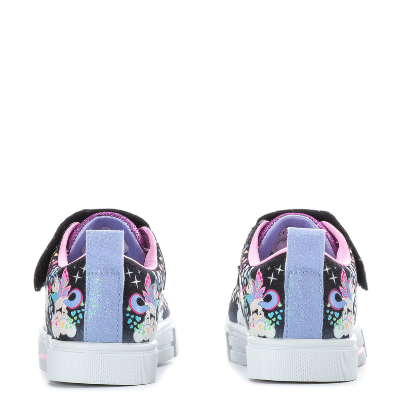 Kids black sneakers with pink laces, unicorn heel print, white midsole and rubber sole