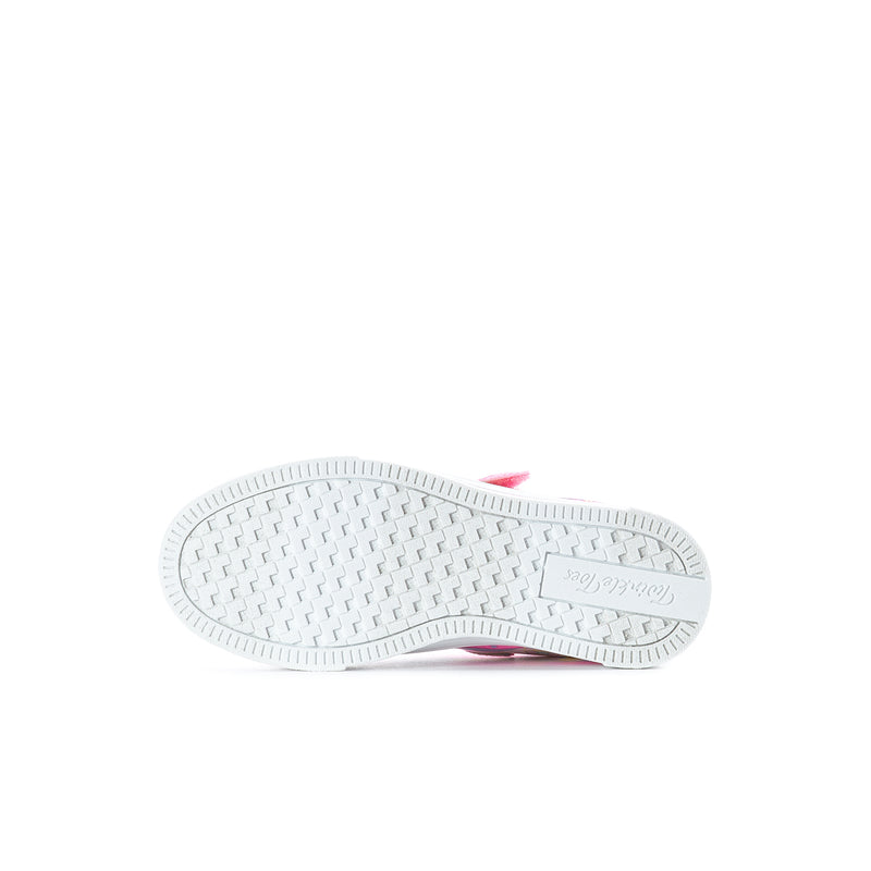 Kids sneaker outsole with white tread, pink heel detail.