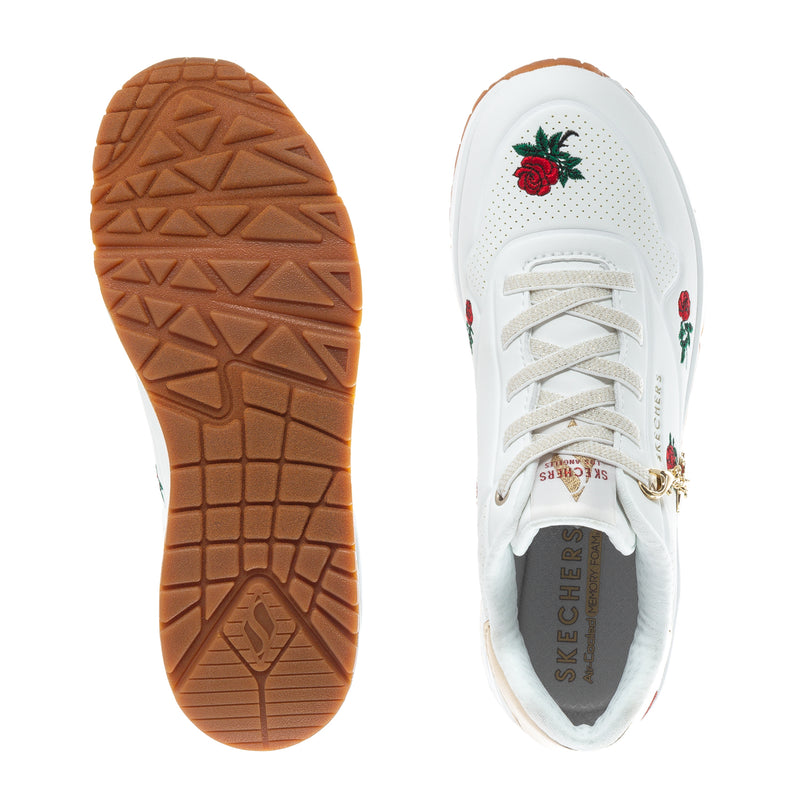 Brown rubber outsole and white women's sneaker upper with rose embroidery, lace-up