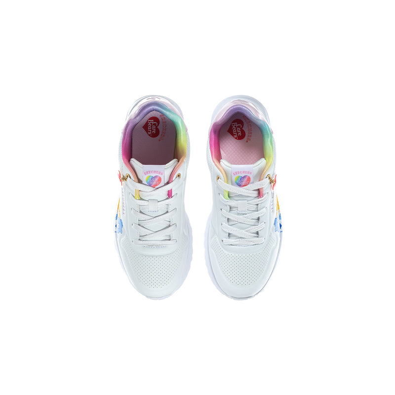 Kids' Uno Lite sneakers pair, white uppers with rainbow trim at collar